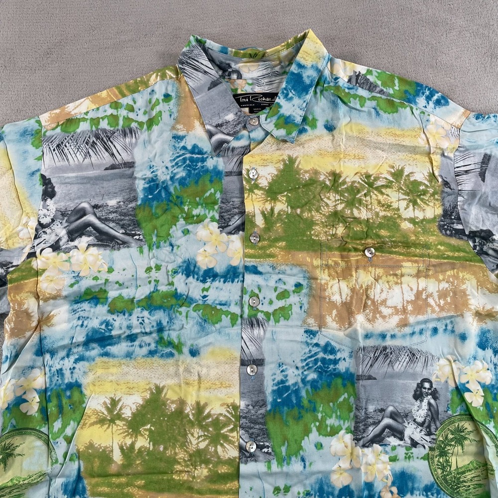 Vintage Tori Richard Hawaiian Shirt Men 2XL Multi Scenic Hula Girl Pearl Buttons